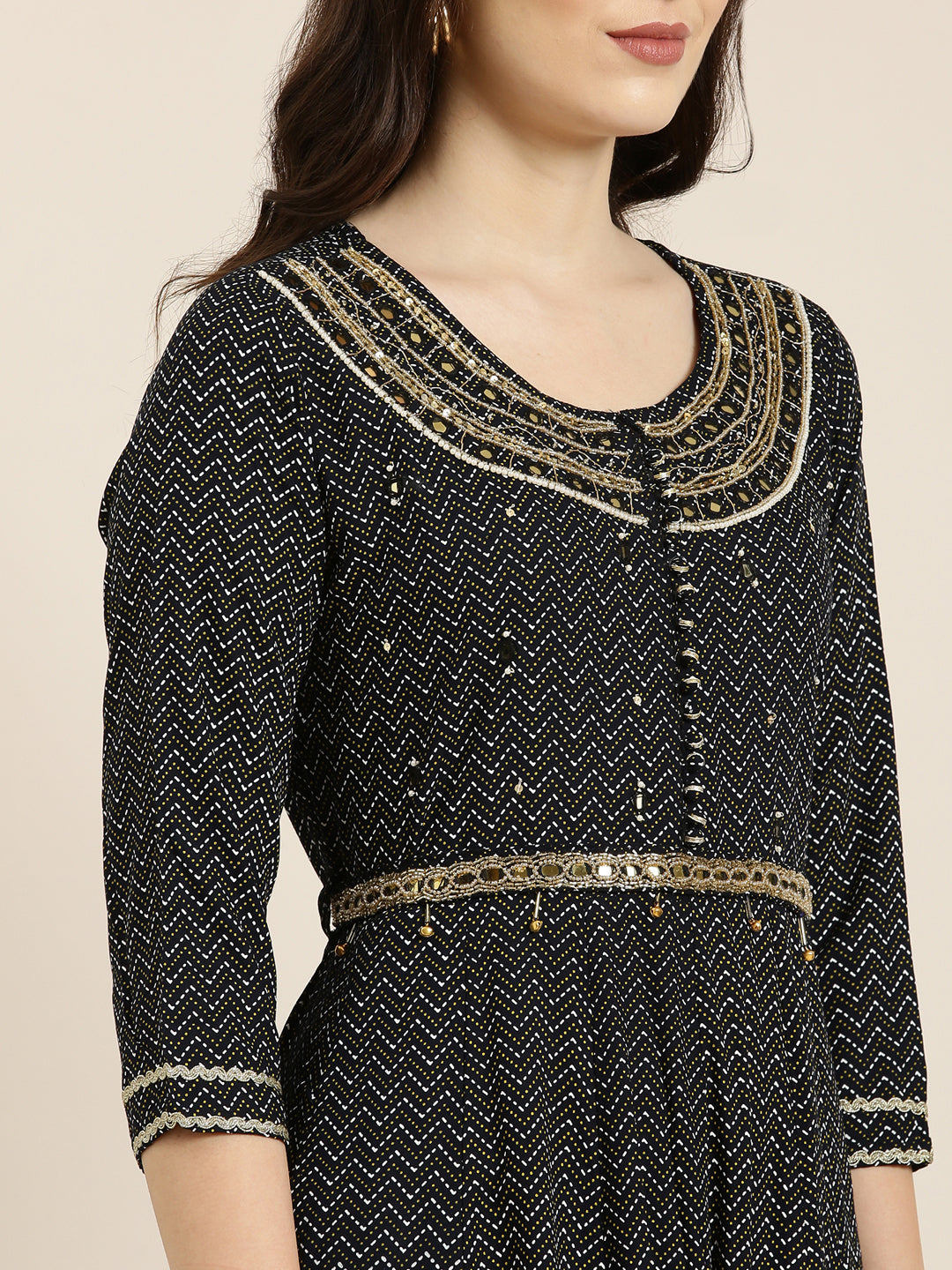 Women's Navy Blue Chevron Printed Sequinned Anarkali Kurta With Dupatta
