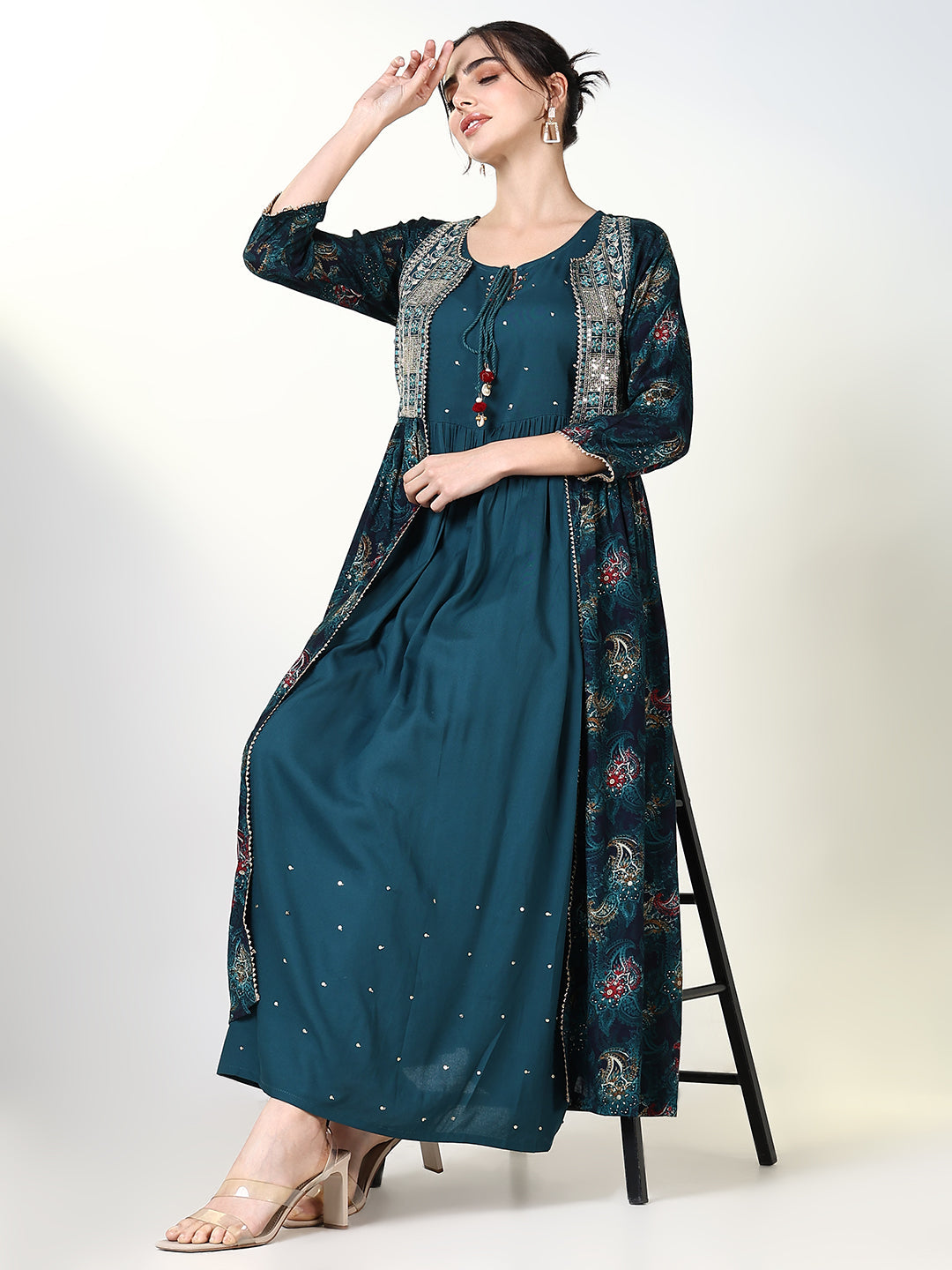 Women's Teal Solid A Line Kurta with Overcoat