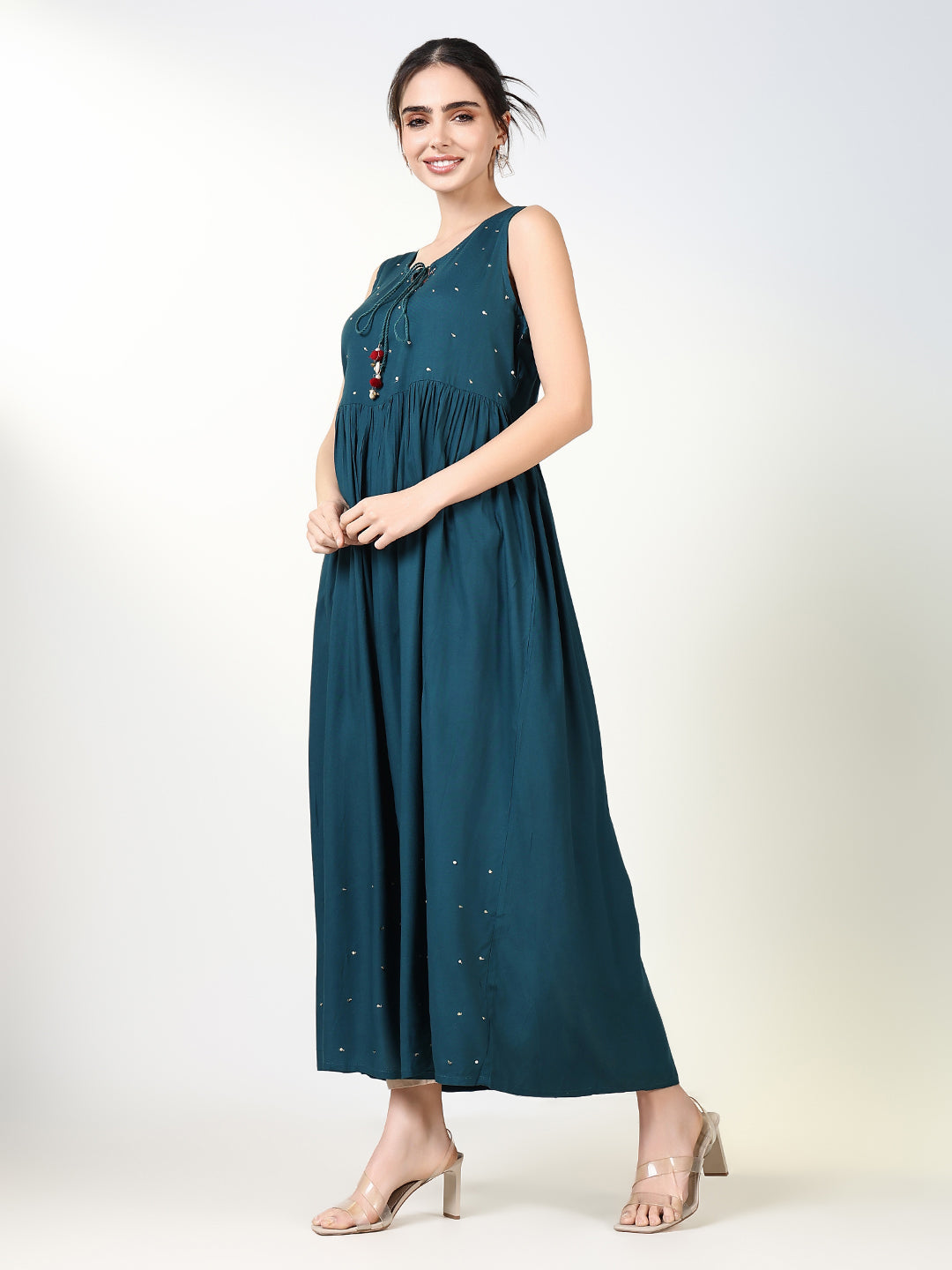 Women's Teal Solid A Line Kurta with Overcoat