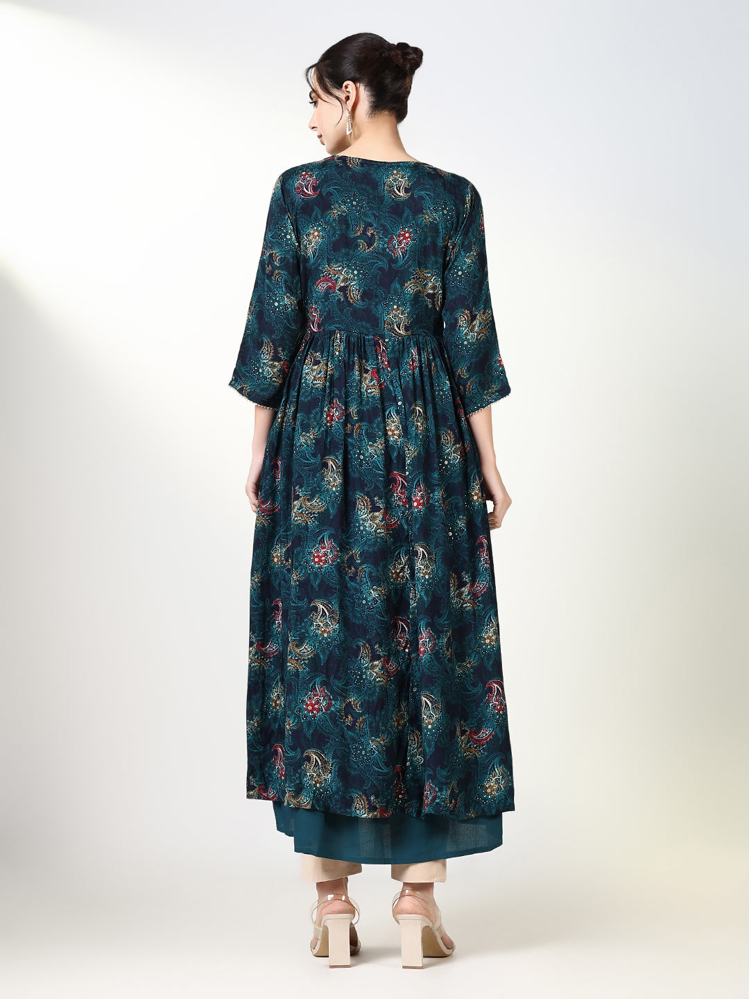 Women's Teal Solid A Line Kurta with Overcoat