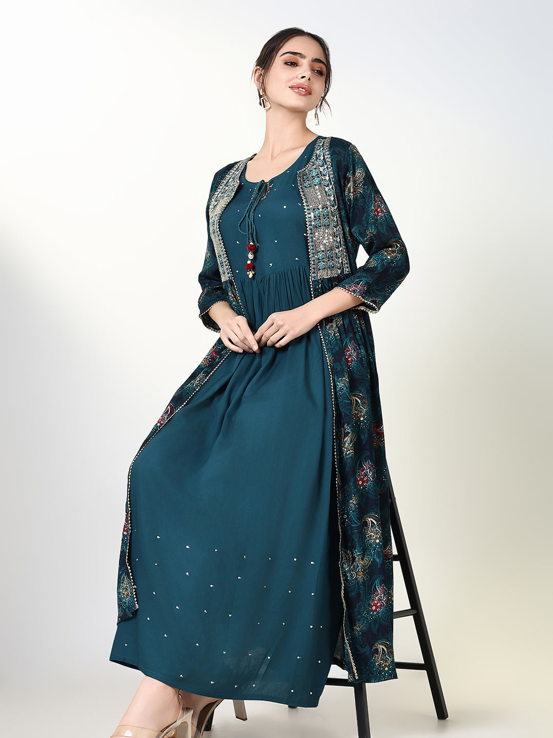 Women's Teal Solid A Line Kurta with Overcoat