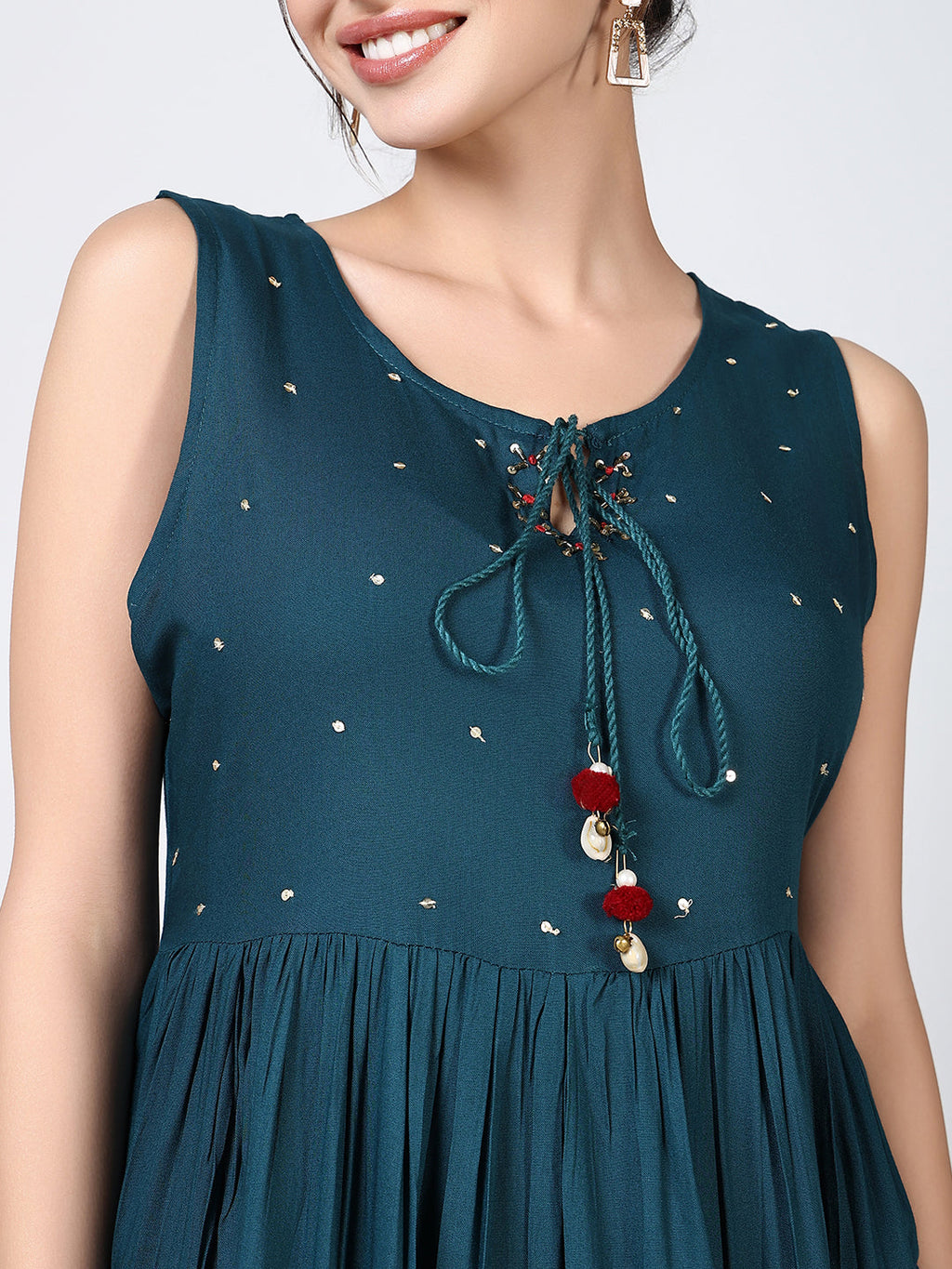 Women's Teal Solid A Line Kurta with Overcoat