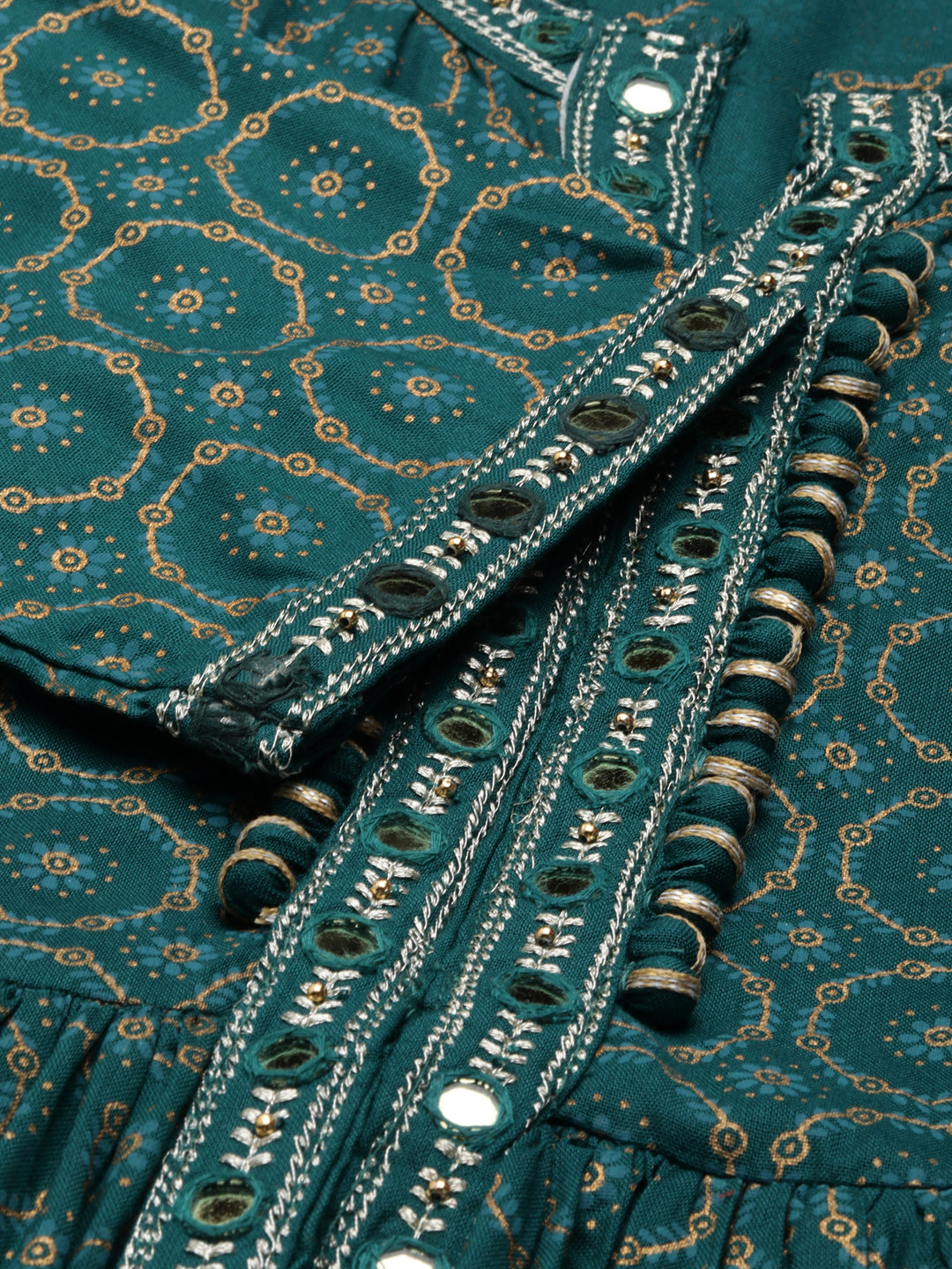 Women's Teal Ethnic Motifs Printed Thread Work Anarkali Kurta With Dupatta