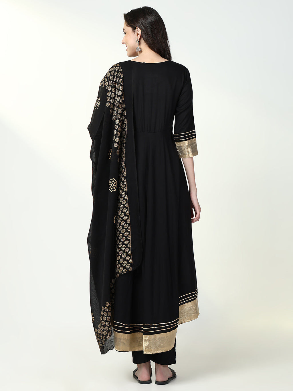 Women's Anarkali Solid Black Kurta Sets with Dupatta