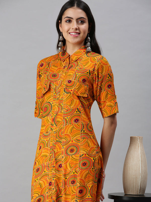 Women's Yellow Ethnic Motifs Printed Cotton Straight Kurta