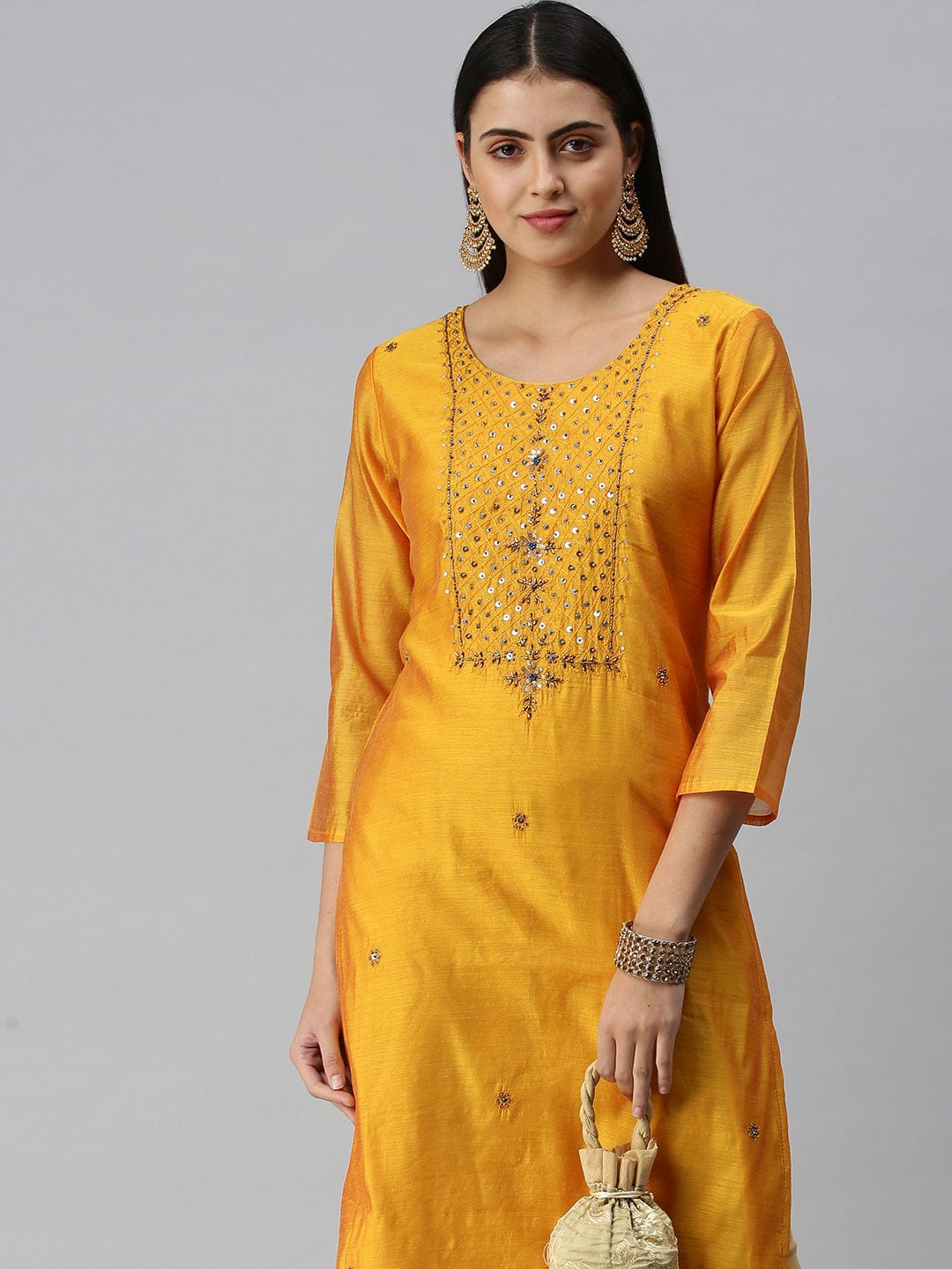 Women's Embroidered Mustard Straight Kurta