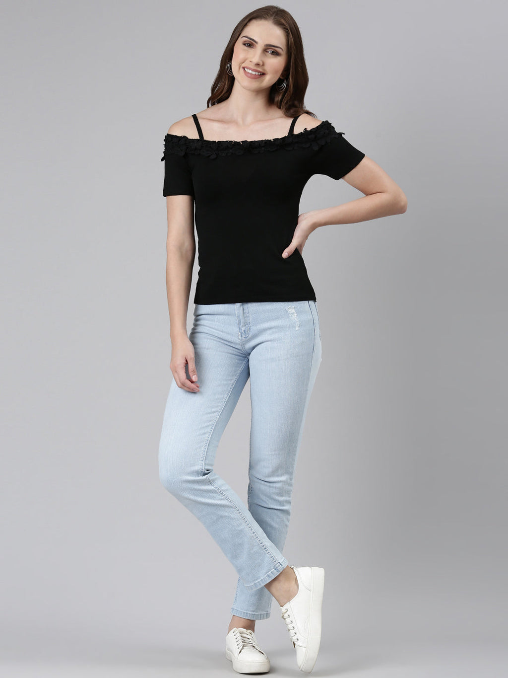 Women's Off-Shoulder Solid Black Top