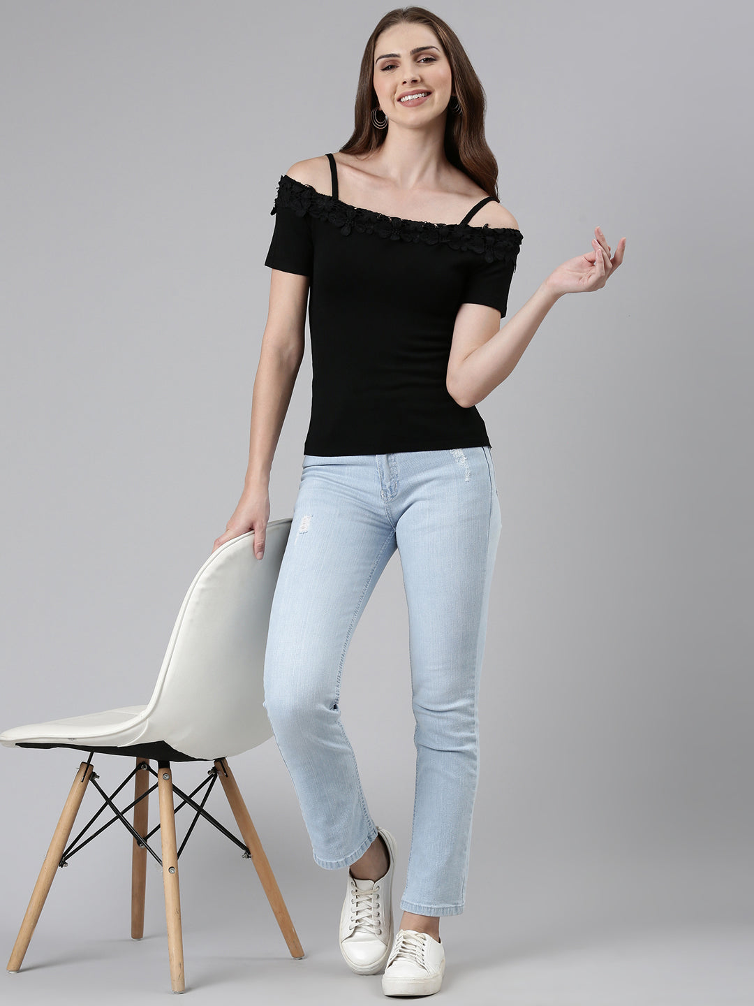 Women's Off-Shoulder Solid Black Top