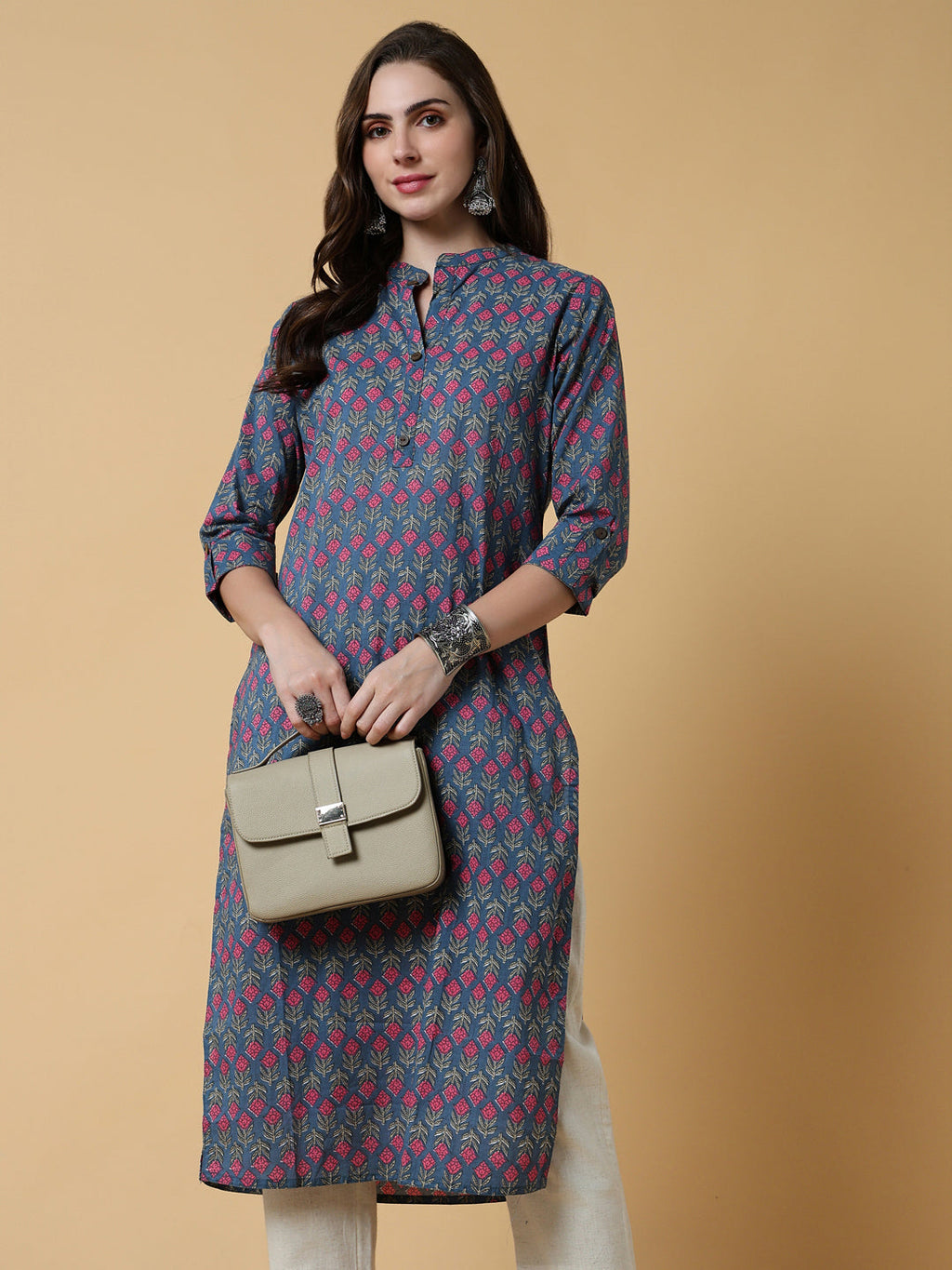 Women's Floral Blue Straight Kurta