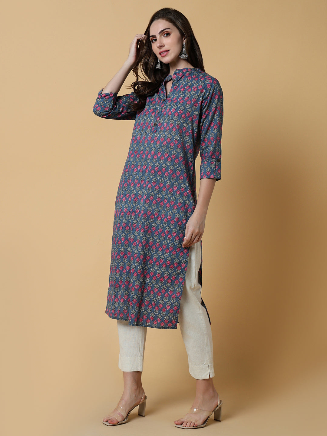 Women's Floral Blue Straight Kurta