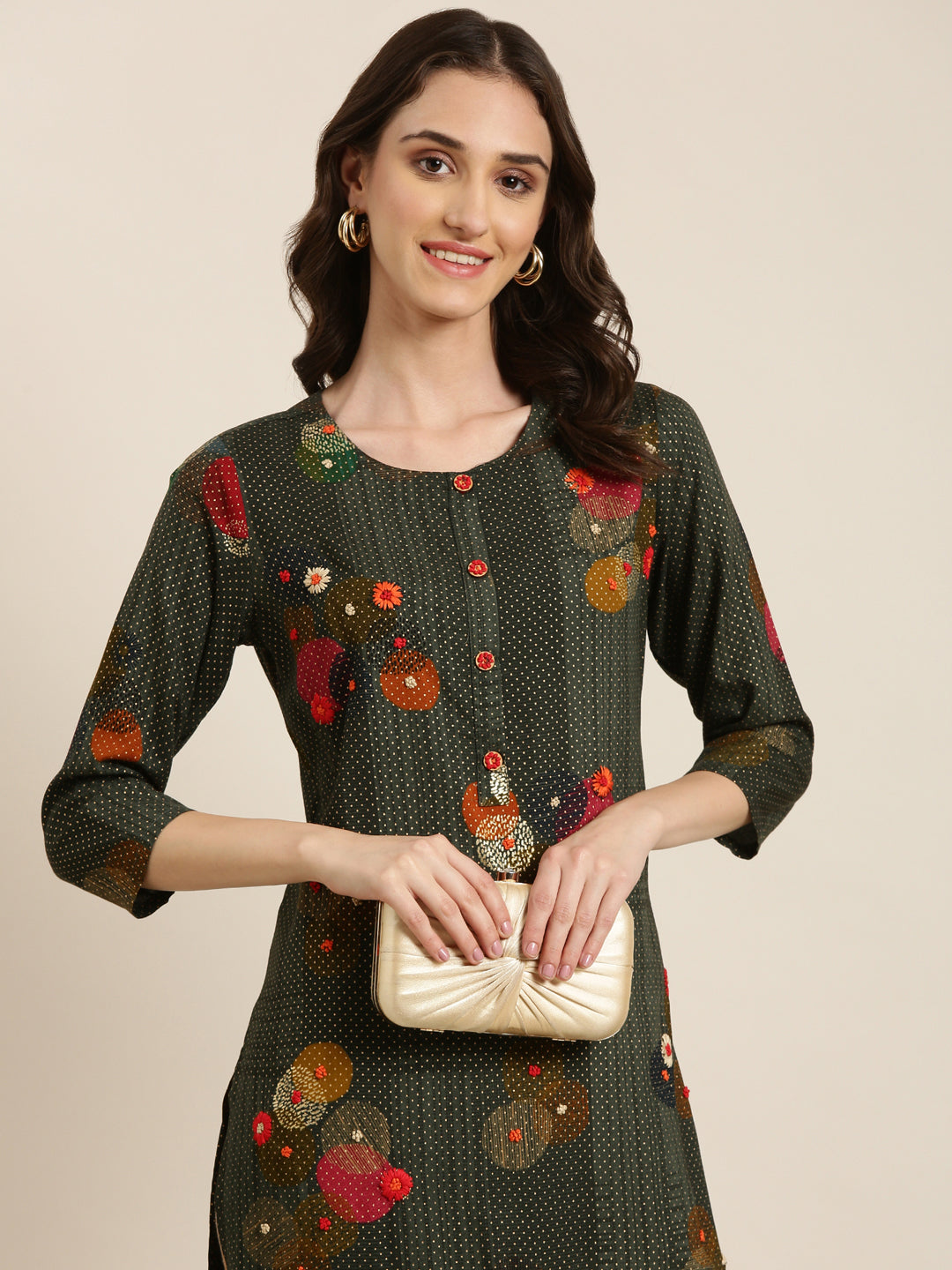 Women's Green Geometric Printed Thread Wok Straight Kurta