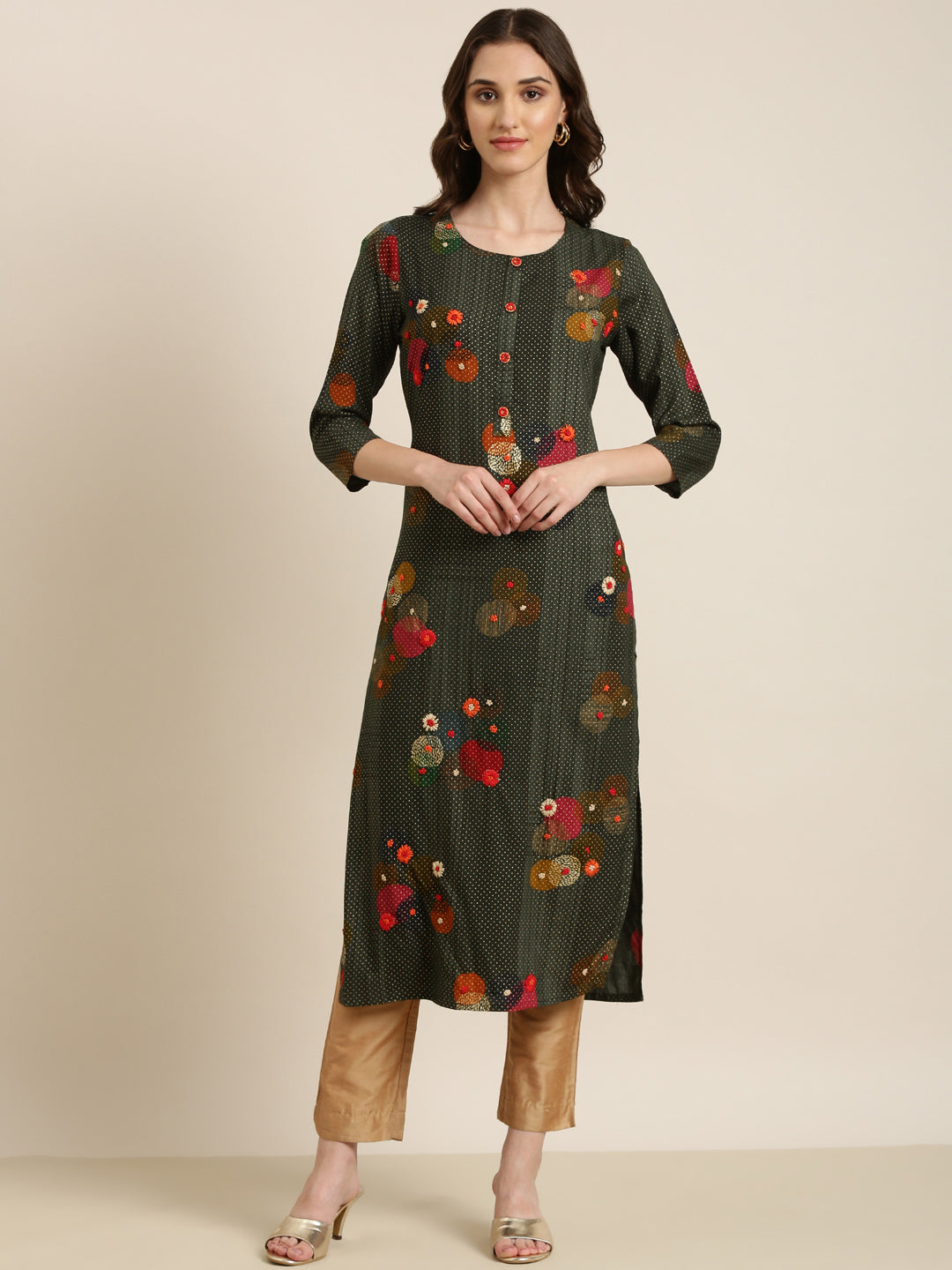 Women's Green Geometric Printed Thread Wok Straight Kurta