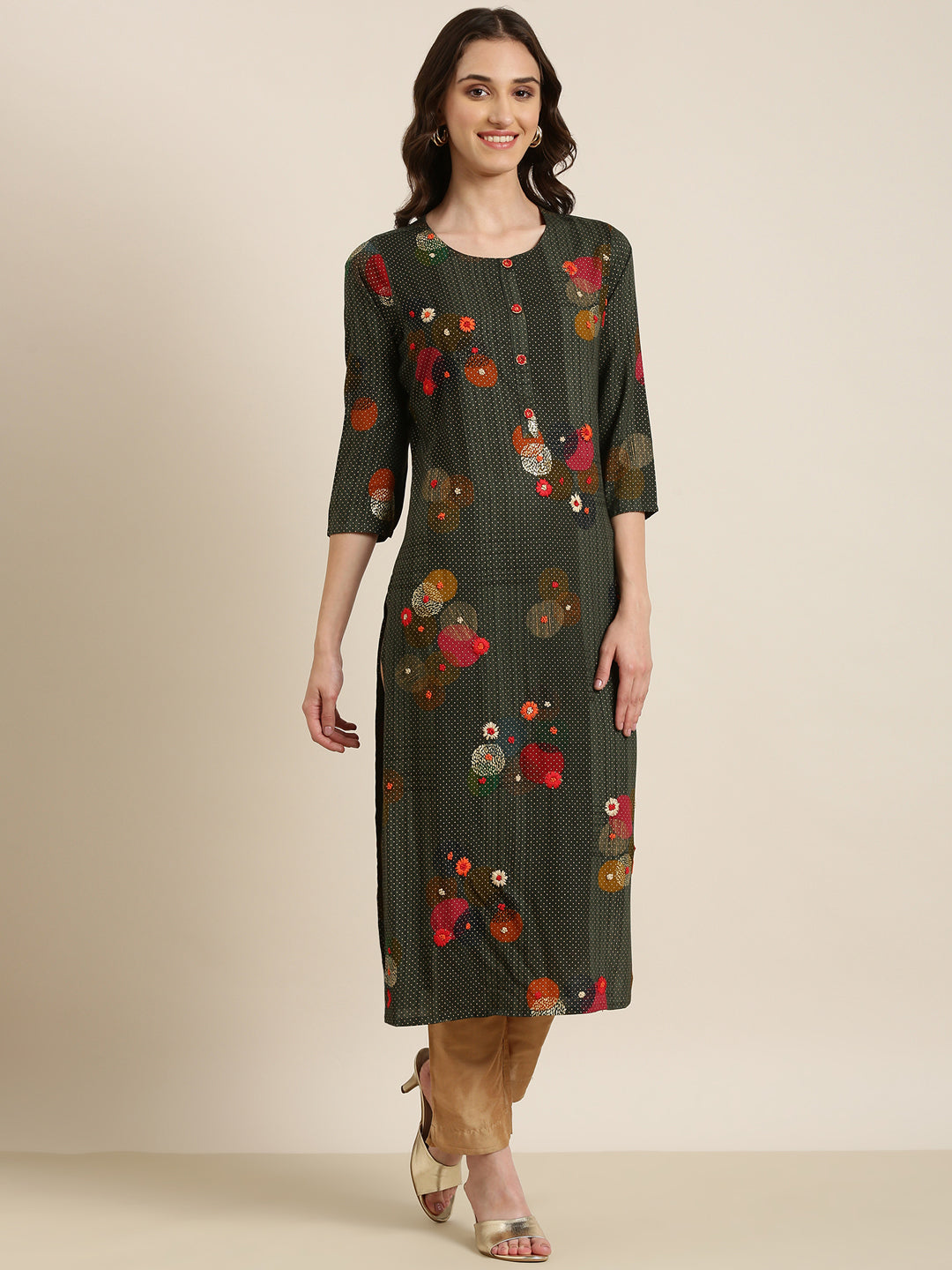 Women's Green Geometric Printed Thread Wok Straight Kurta