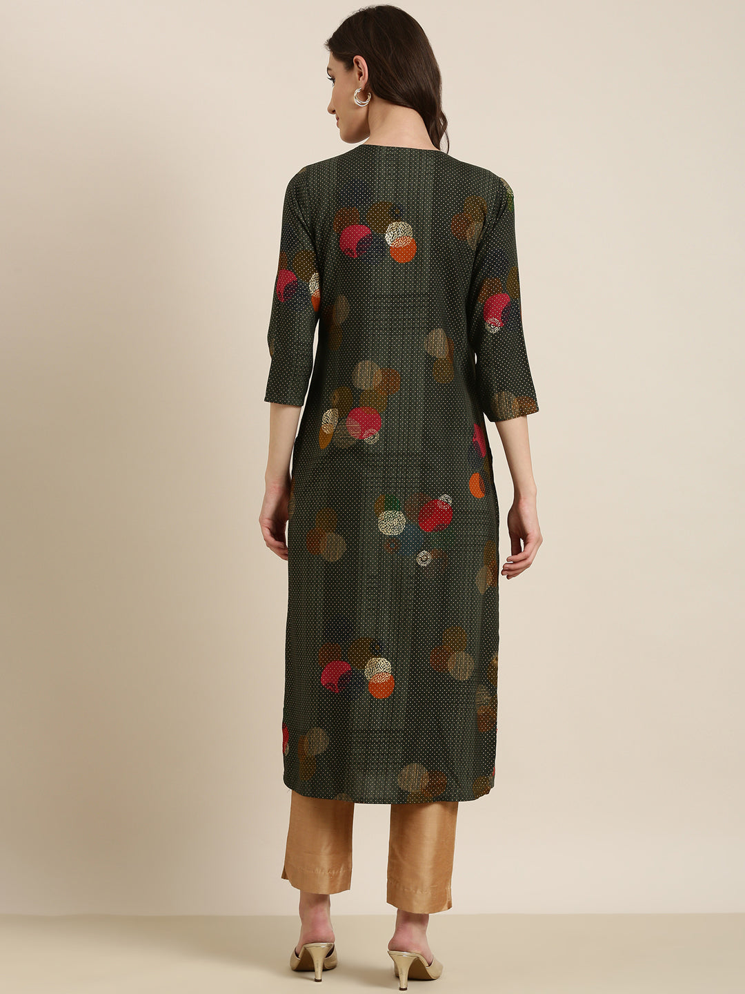 Women's Green Geometric Printed Thread Wok Straight Kurta