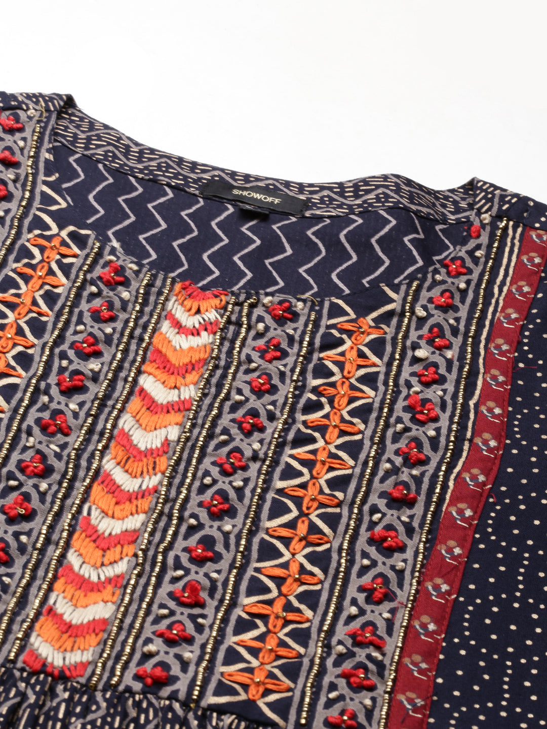 Women's Navy Blue Geometrical Printed A-line Kurta