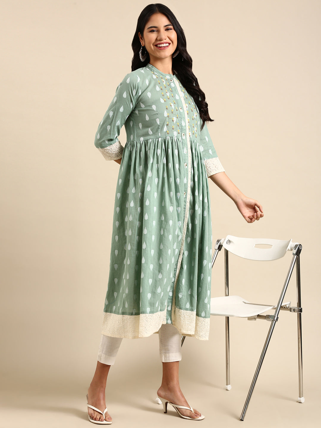 Women's Sea Green Solid Anarkali Kurta