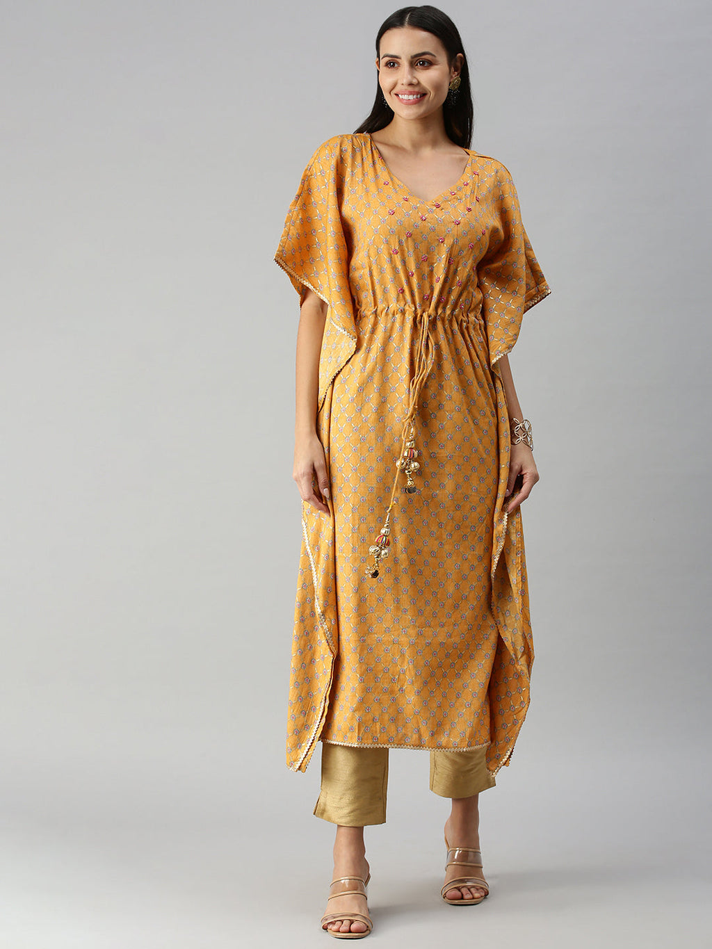 Women's Mustard Multi Floral Kaftan Kurta