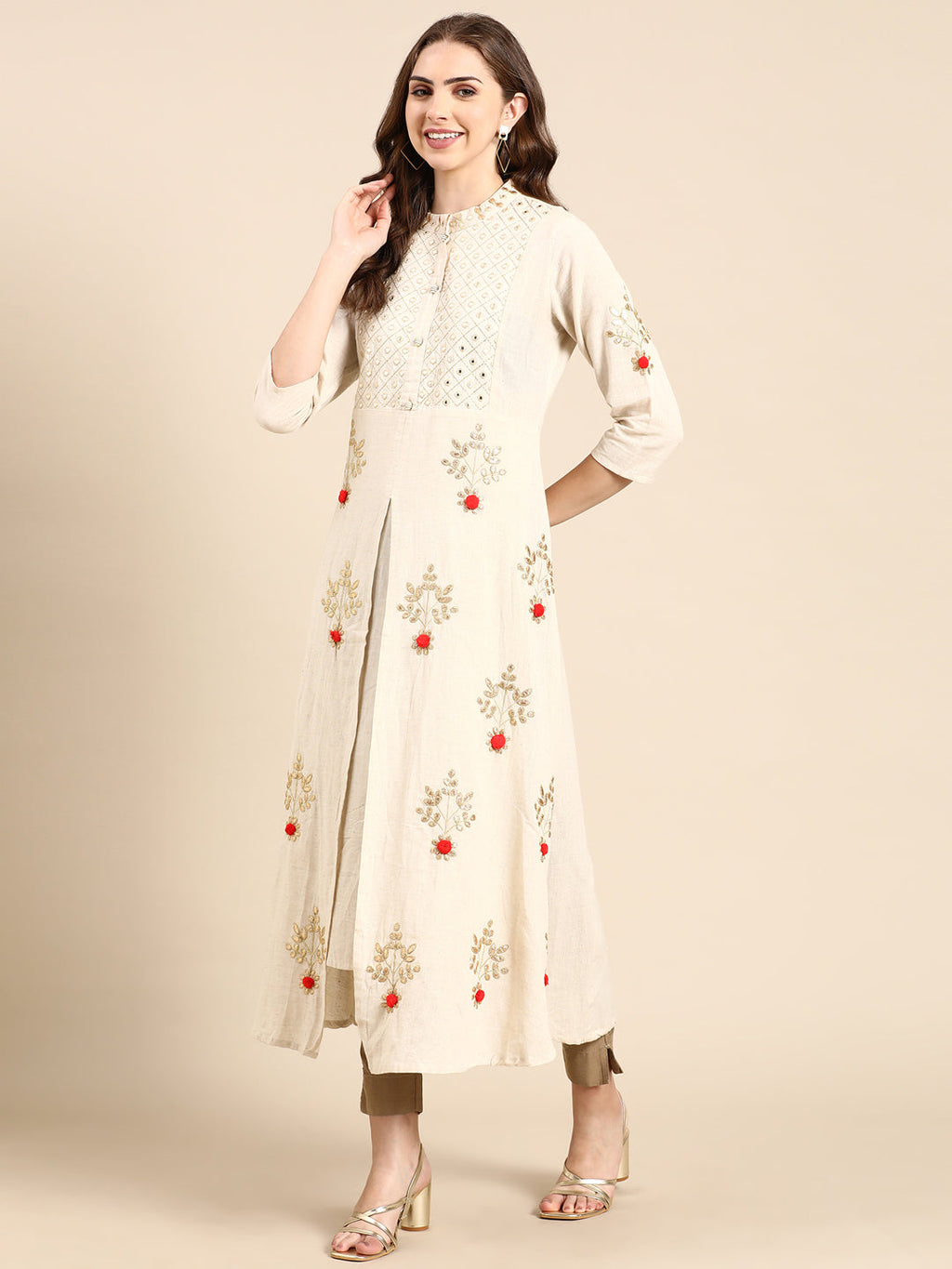 Women's Off White Floral Embroidered Mandarin Collar Mirror Work A-Line Kurta