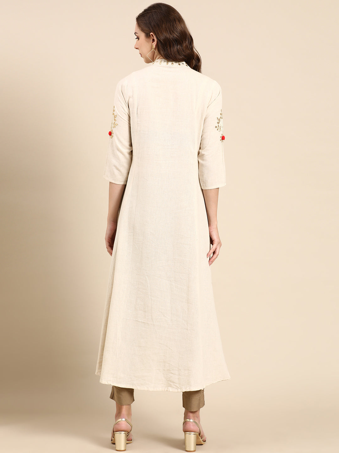 Women's Off White Floral Embroidered Mandarin Collar Mirror Work A-Line Kurta