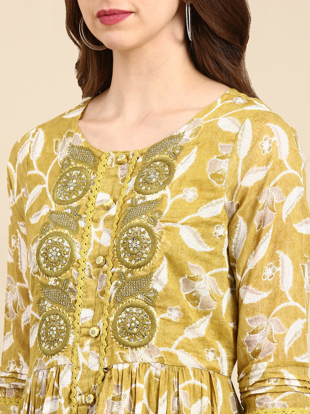 Women's Olive Floral Printed Thread Work Anarkali Cotton Kurta