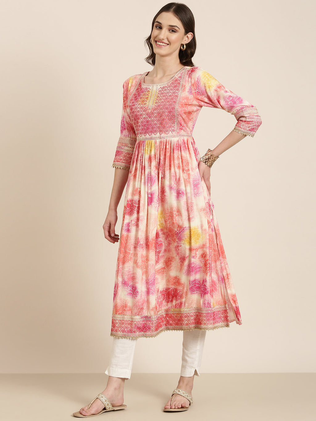 Women's Peach Floral Printed Thread Work Pleated Anarkali Kurta