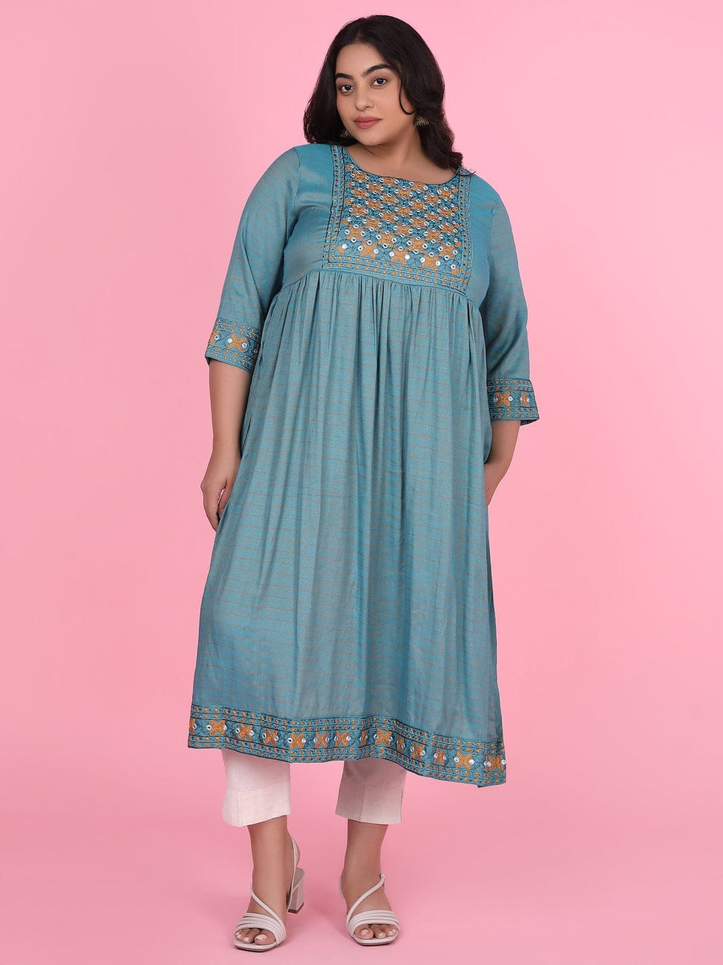 Women's Teal Woven Design A Line Kurta