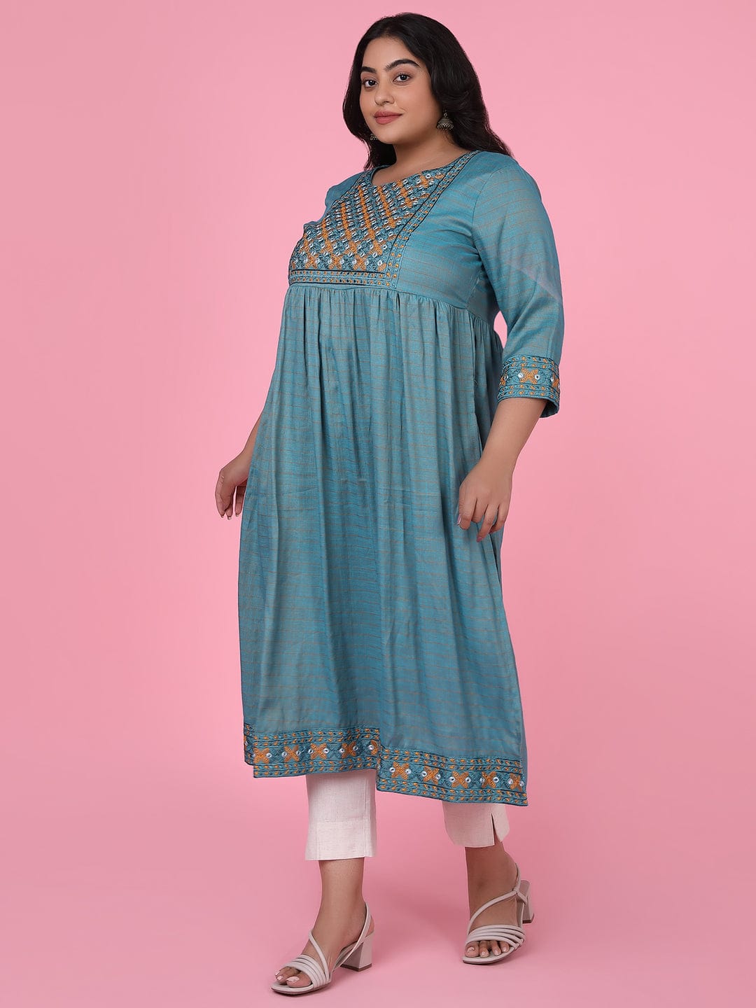 Women's Teal Woven Design A Line Kurta