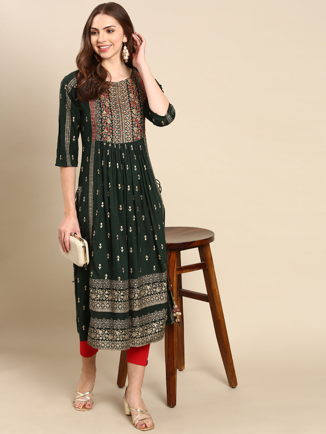 Women's Green Anarkali Cotton Kurta