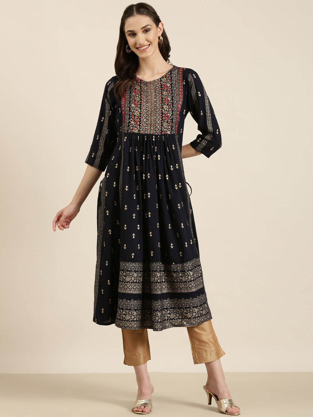Women's Navy Blue Ethnic Motifs Printed Thread Work A-Line Kurta