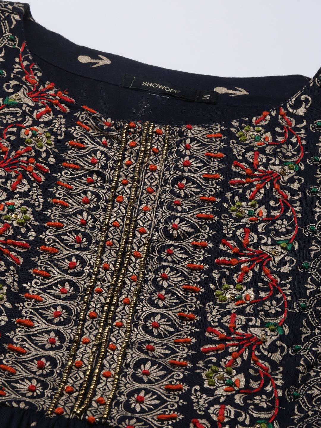 Women's Navy Blue Ethnic Motifs Printed Thread Work A-Line Kurta