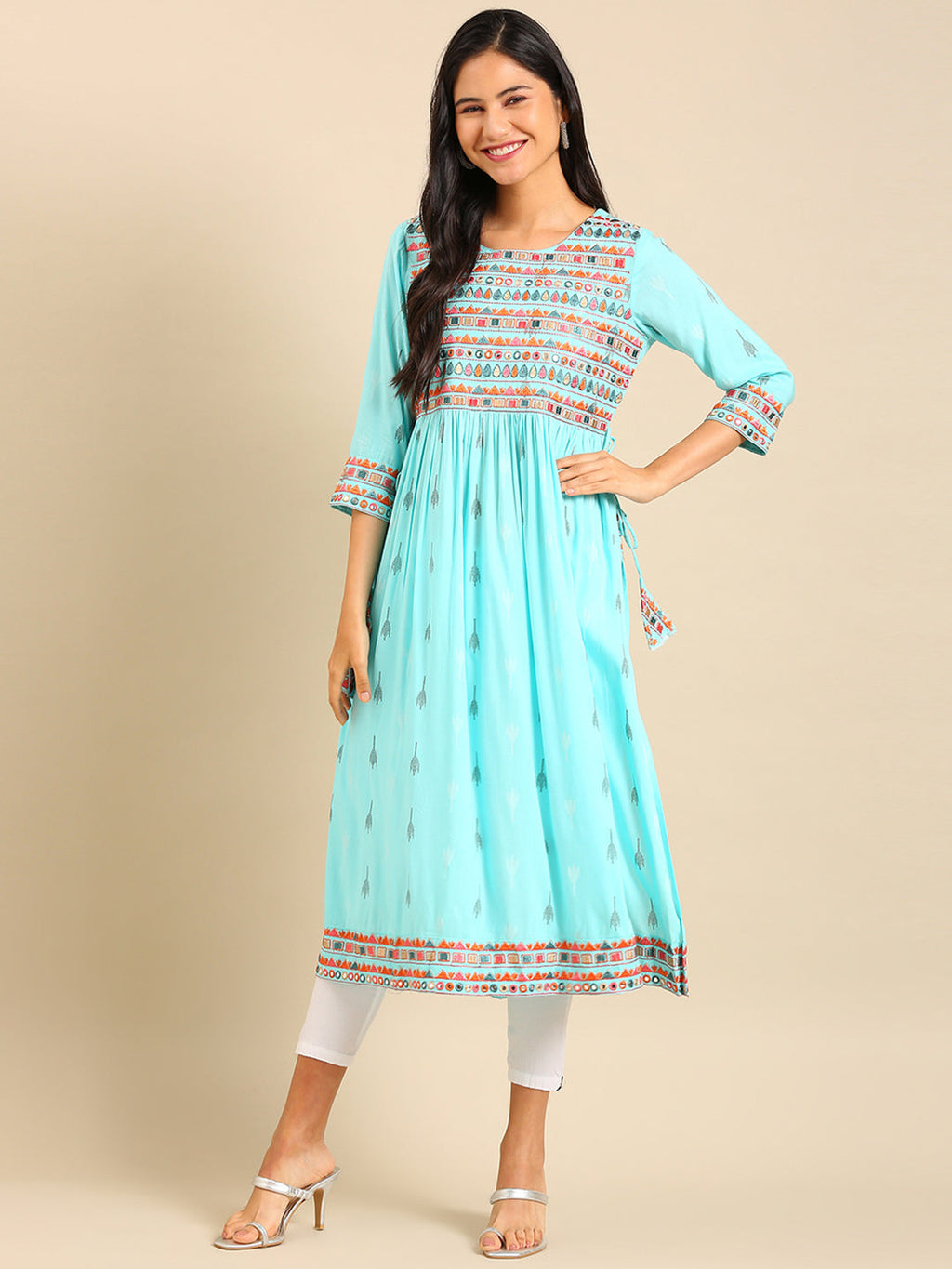 Women's Blue Ethnic Motifs Printed A-Line Kurta