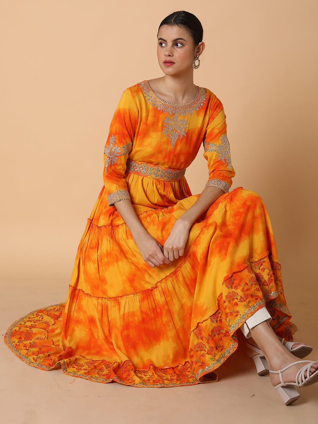 Women's Solid Orange Anarkali Kurta with Belt