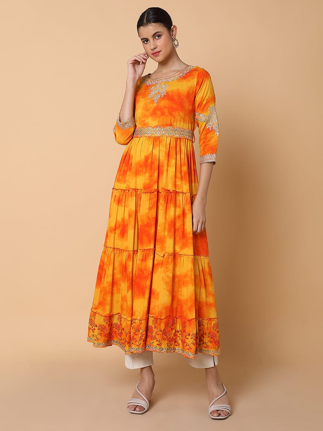 Women's Solid Orange Anarkali Kurta with Belt