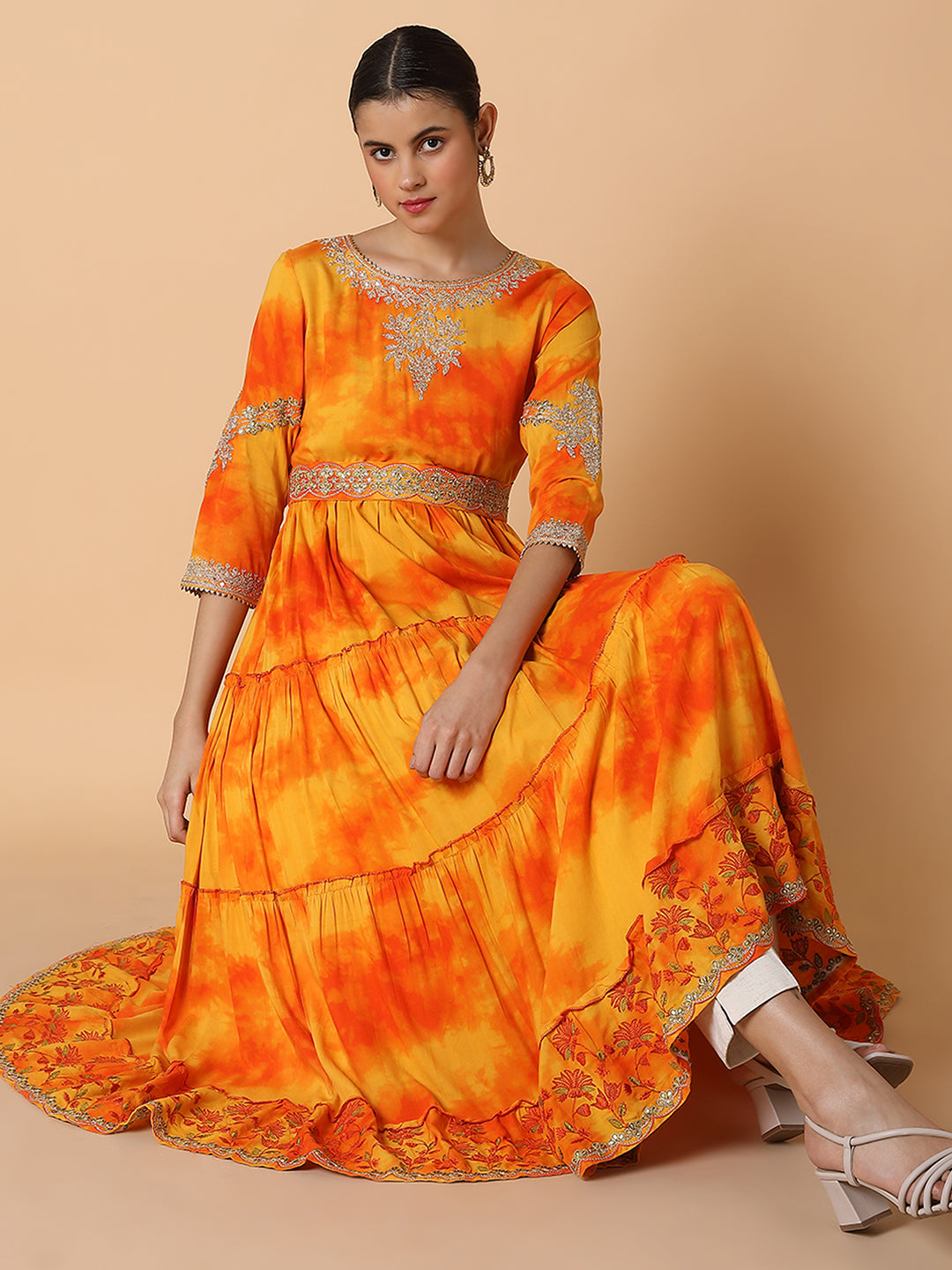 Women's Solid Orange Anarkali Kurta with Belt