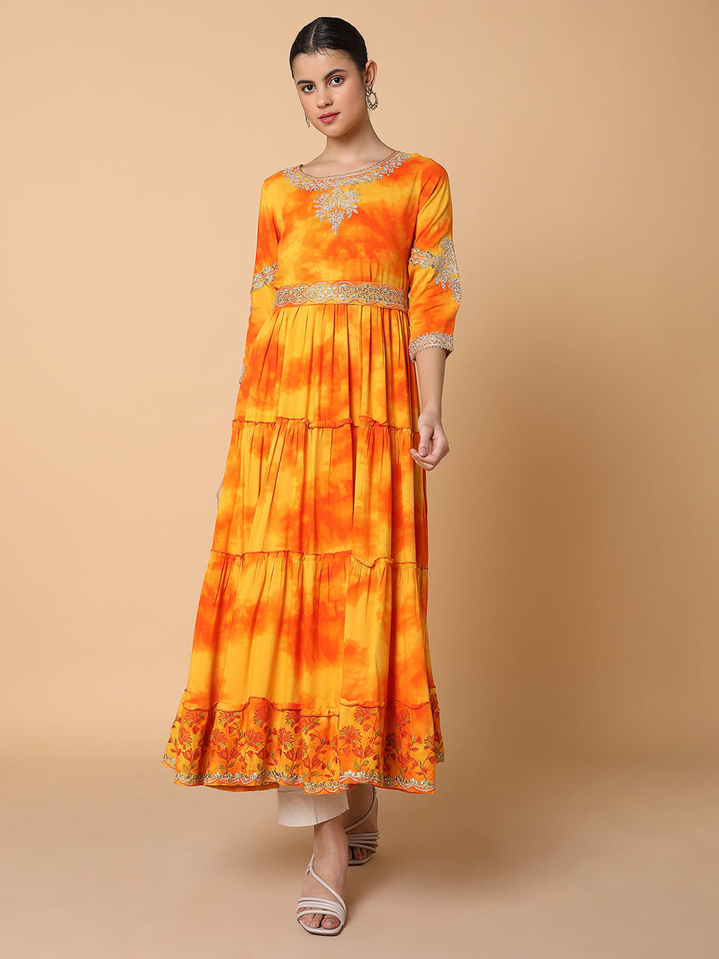 Women's Solid Orange Anarkali Kurta with Belt