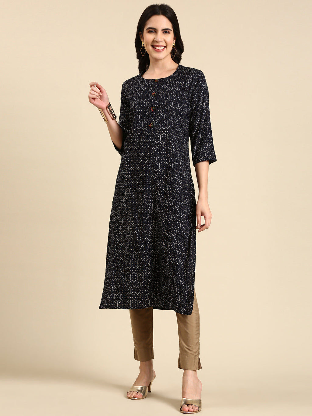 Women's Navy Blue Geometric Printed Straight Kurta