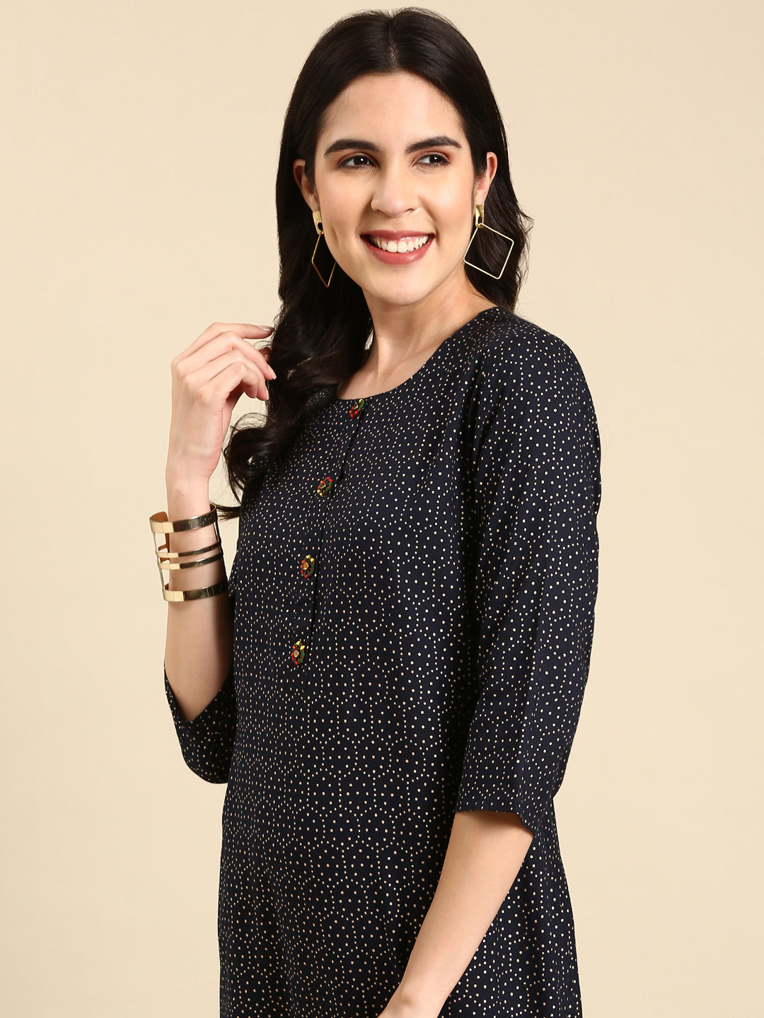 Women's Navy Blue Geometric Printed Straight Kurta