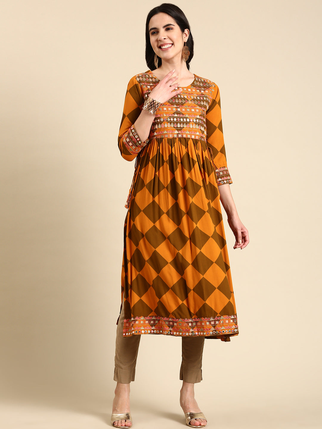 Women's Rust Geometric Printed Mirror Work Anarkali Kurta