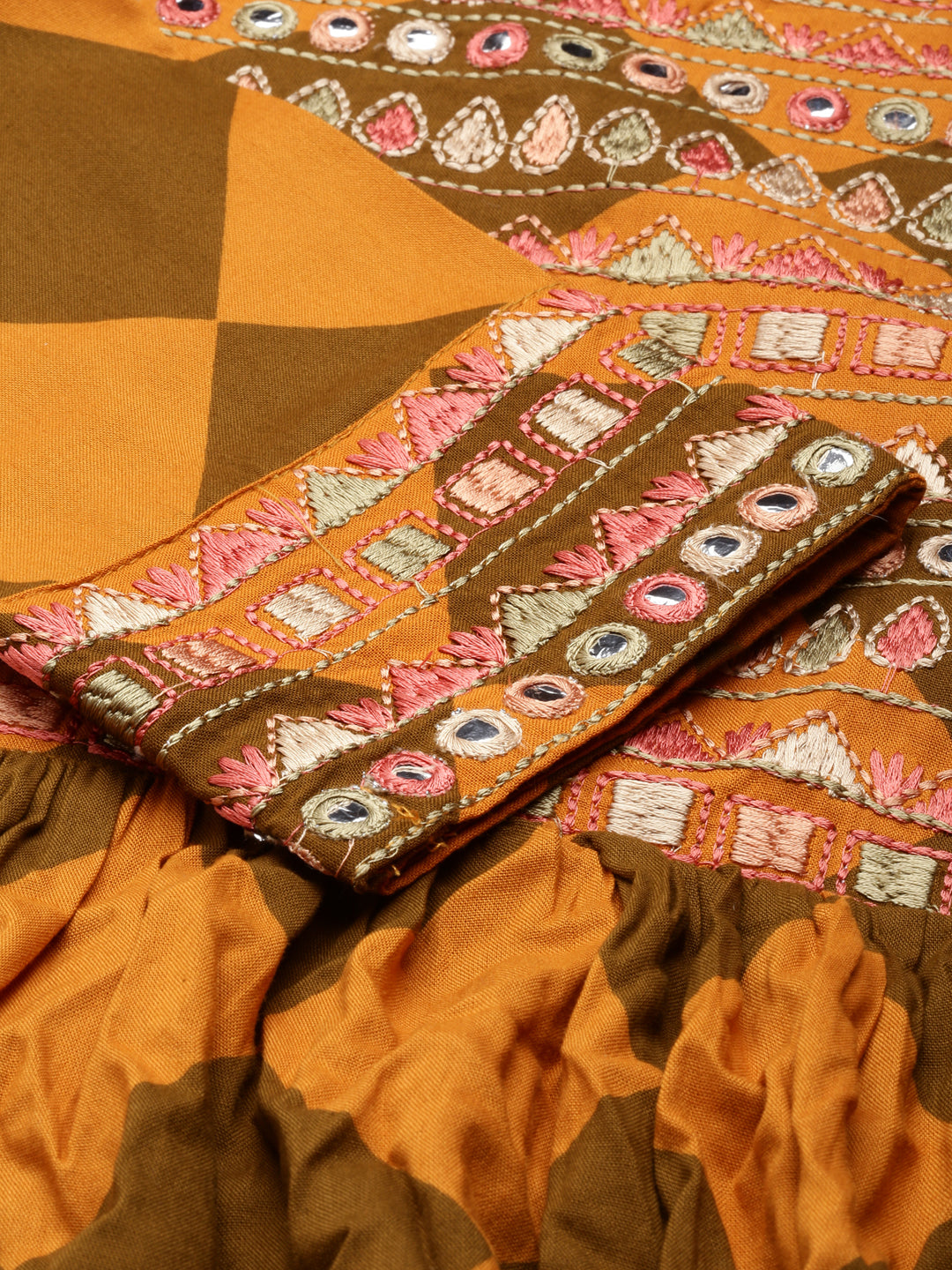 Women's Rust Geometric Printed Mirror Work Anarkali Kurta