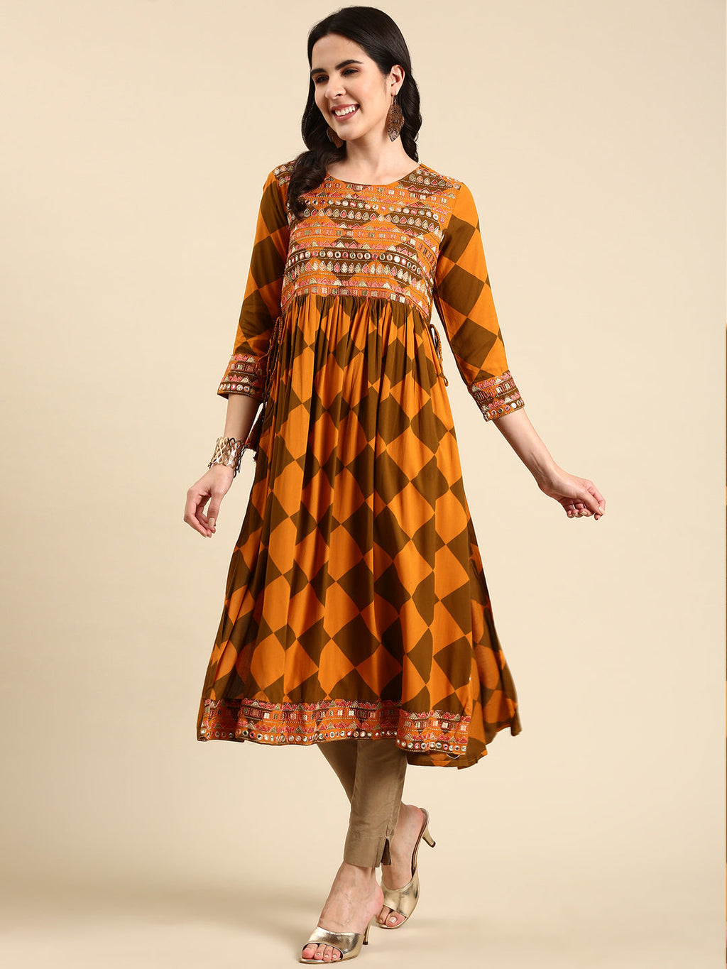 Women's Rust Geometric Printed Mirror Work Anarkali Kurta