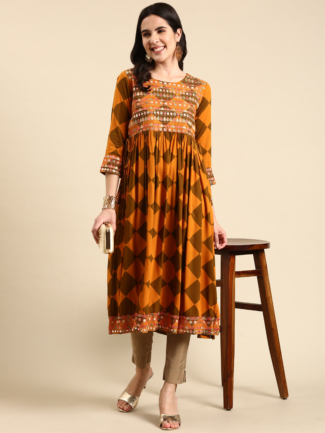 Women's Rust Geometric Printed Mirror Work Anarkali Kurta
