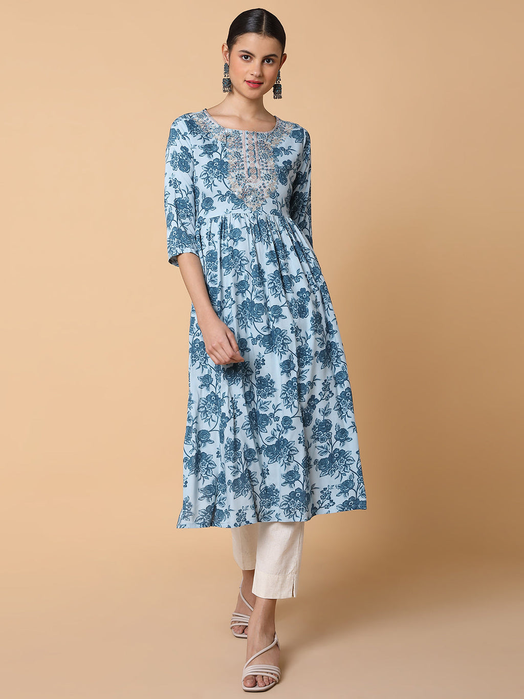 Women's Floral Blue Anarkali Kurta