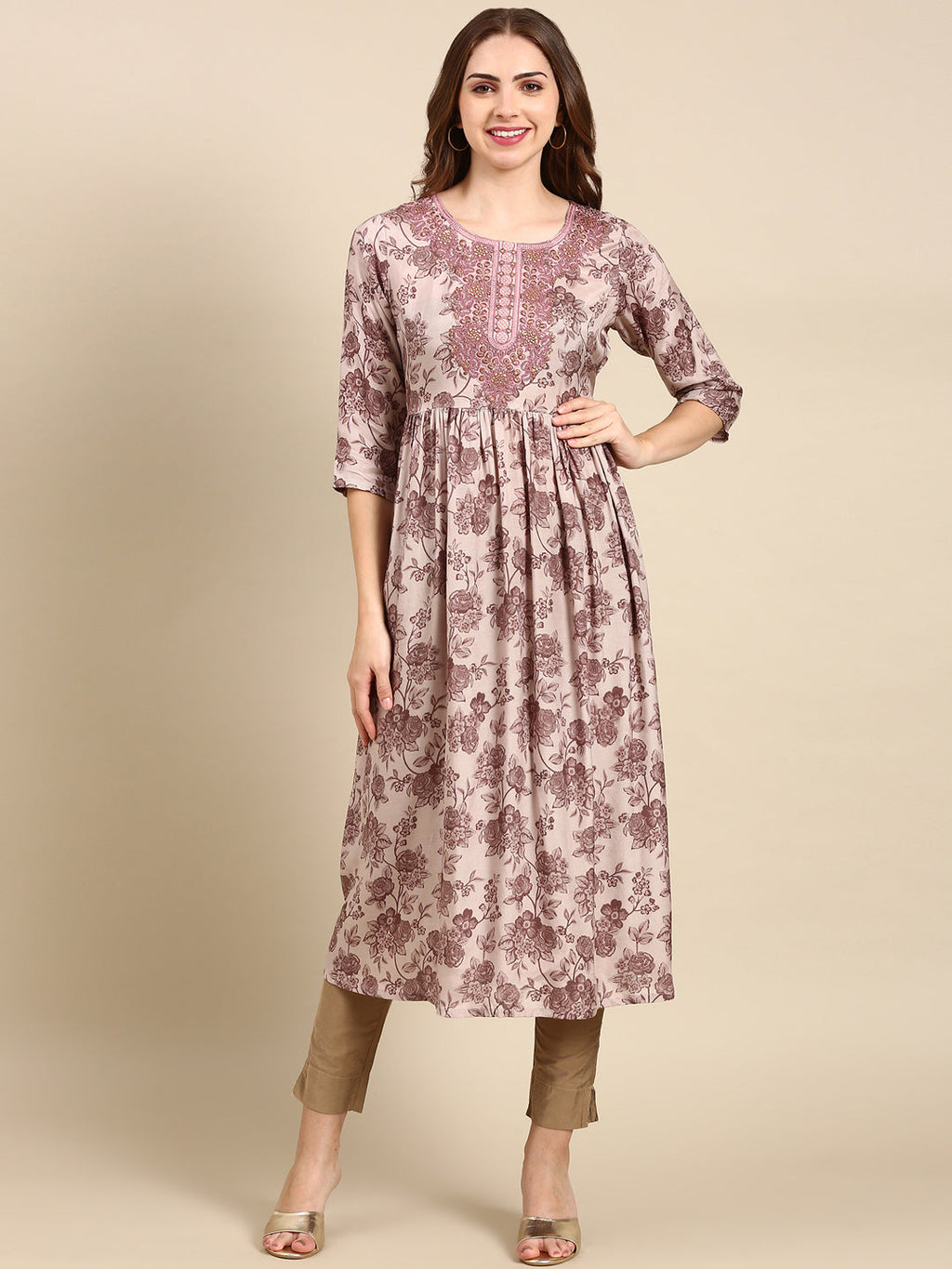 Women's Mauve Floral Printed Thread Work Anarkali Kurta