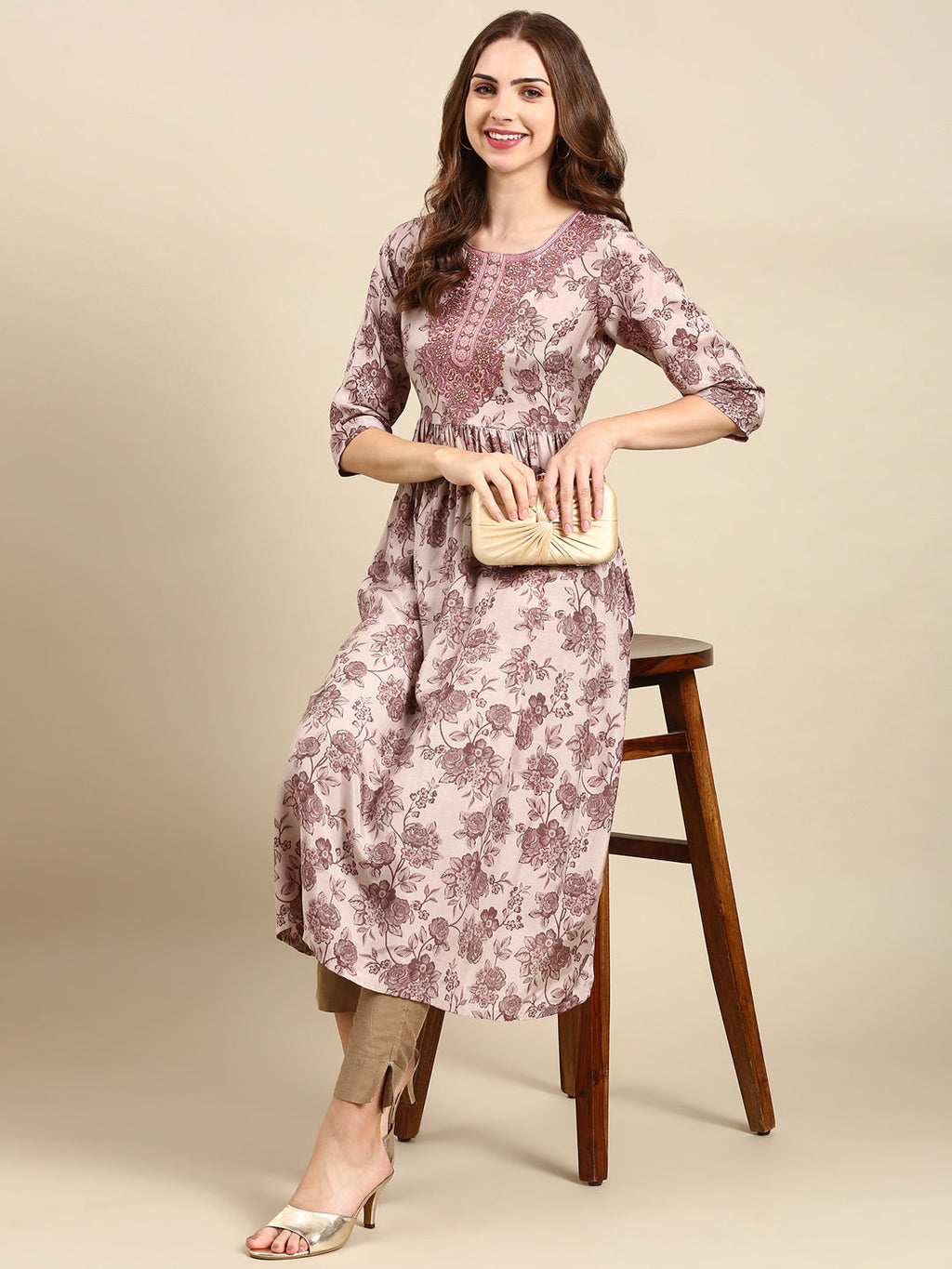 Women's Mauve Floral Printed Thread Work Anarkali Kurta