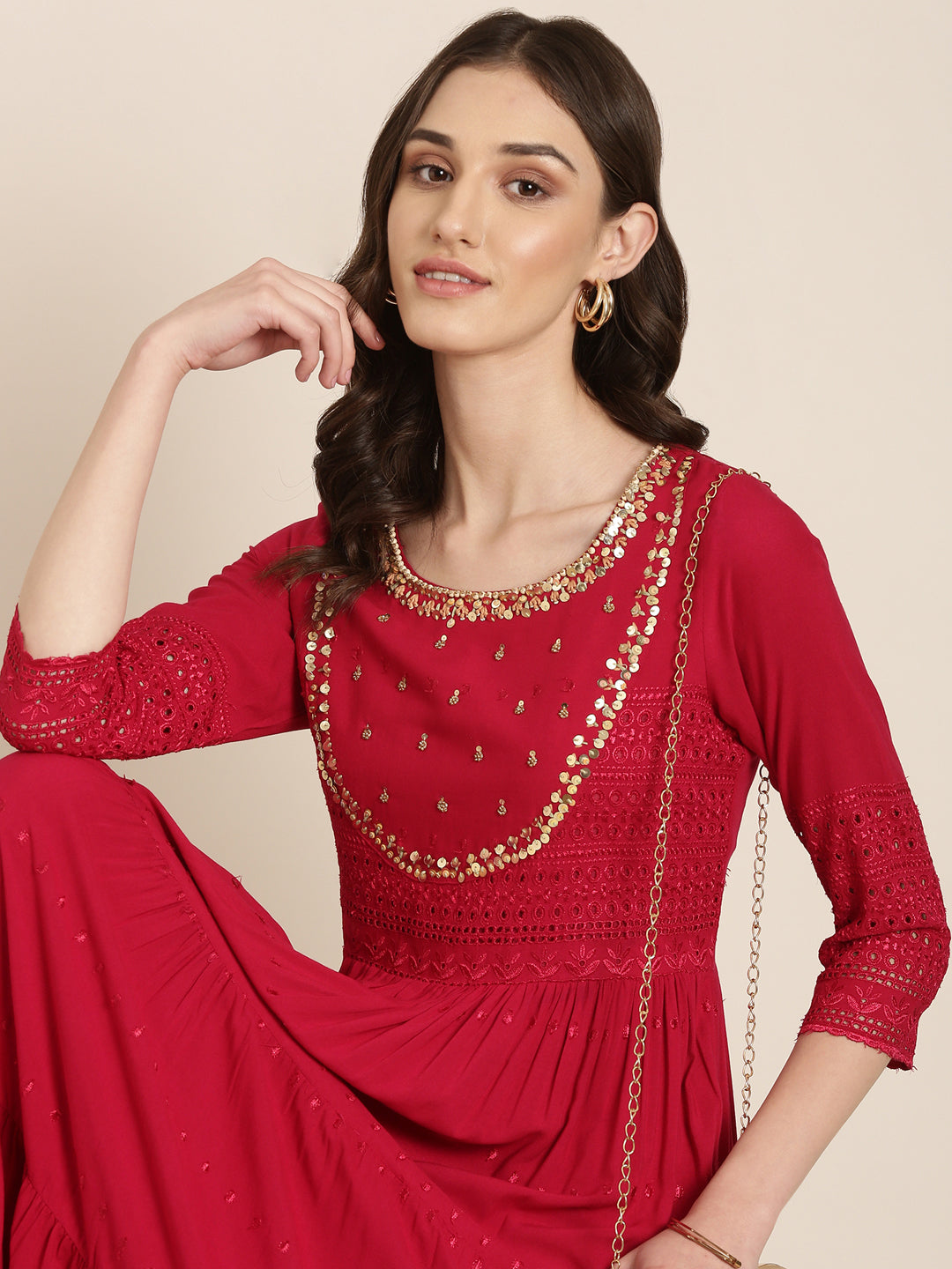 Women's Maroon Self Design Cotton Tiered Fit & Flare Kurta