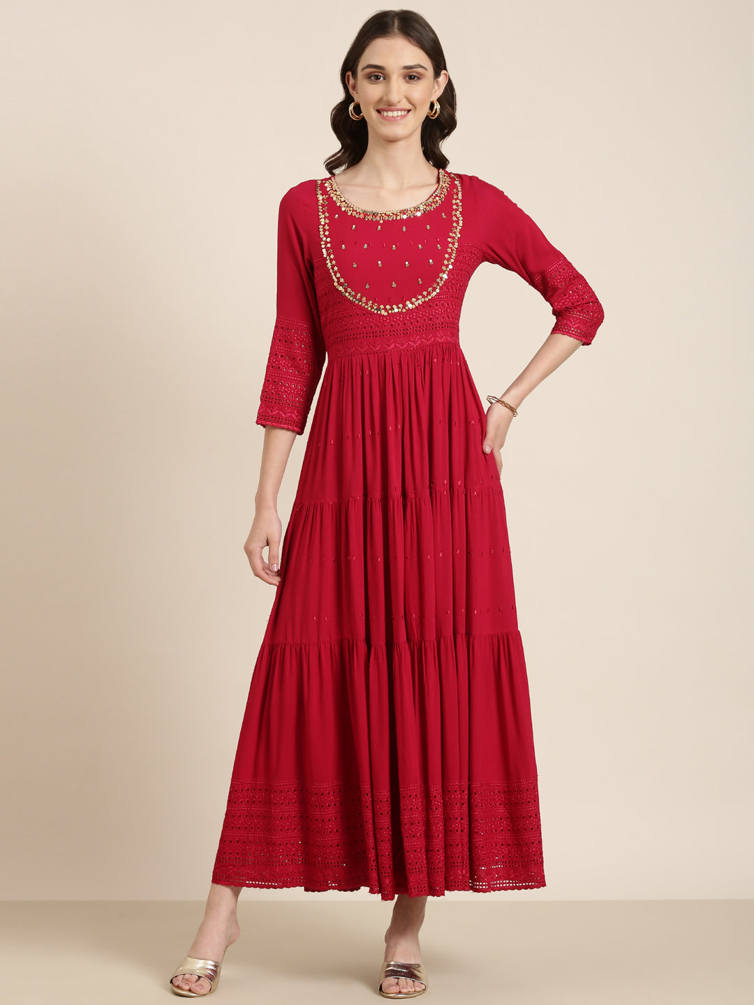 Women's Maroon Self Design Cotton Tiered Fit & Flare Kurta