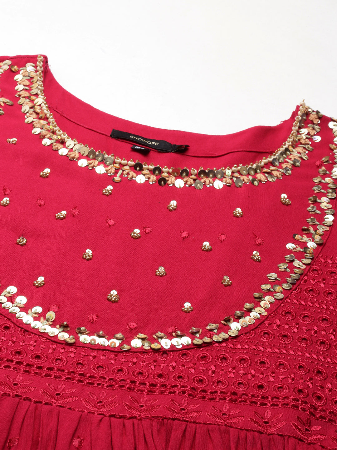 Women's Maroon Self Design Cotton Tiered Fit & Flare Kurta