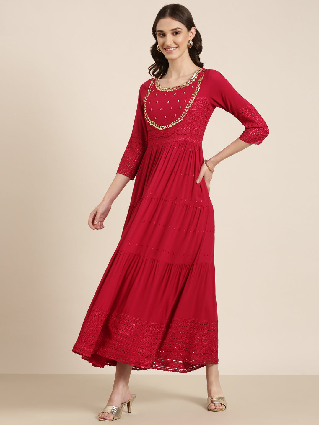 Women's Maroon Self Design Cotton Tiered Fit & Flare Kurta