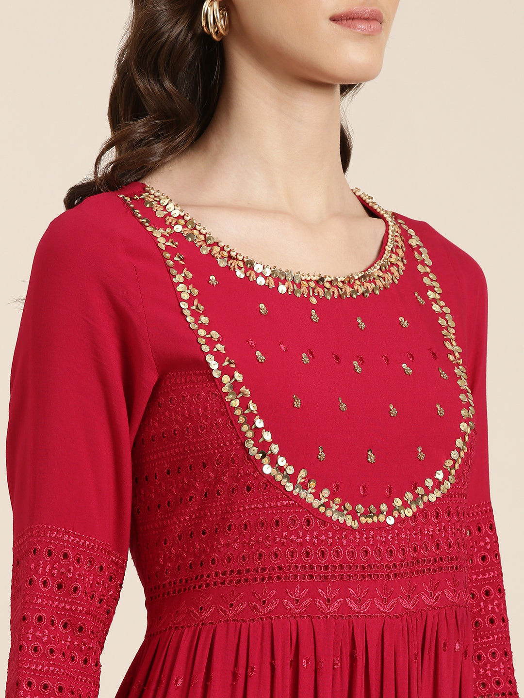Women's Maroon Self Design Cotton Tiered Fit & Flare Kurta