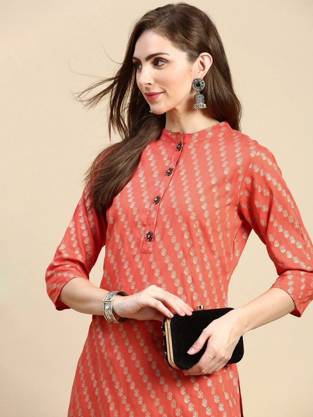 Women's Floral Orange Straight Kurta